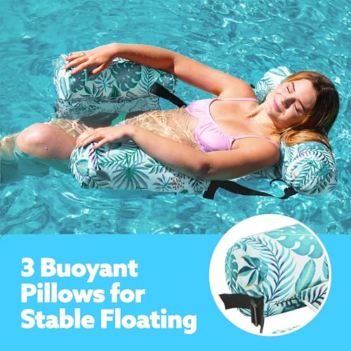 Sloosh Inflatable Pool Lounge Chair with Plant Pattern, Floating Hammock Mat for Adults, Water Raft for Pool, Beach and Summer Parties