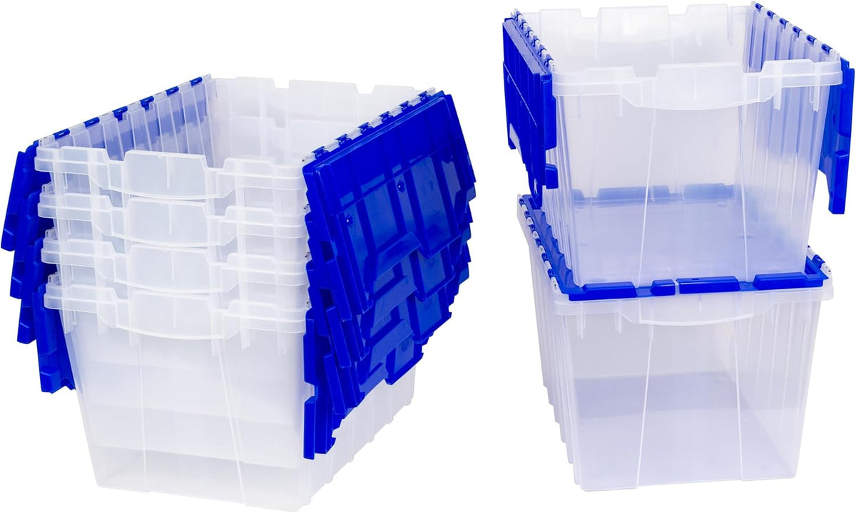 6-Pack Akro-Mils KeepBox 12-Gallon Clear Storage Totes with Attached Lids, Nesting and Stackable Design for Garages, Closets, and Moving, 21-1/2 x 15 x 12-1/2, Clear/Blue