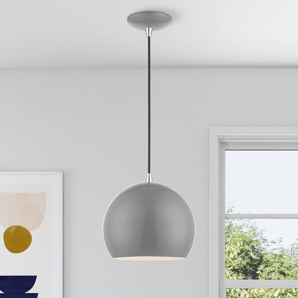 Livex Lighting Piedmont Globe Pendant, 1-Light Industrial Fixture, 15 Inches Tall and 10 Inches Wide, Shiny Light Gray with Polished Chrome