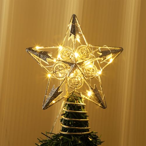 Juegoal 6.5-Inch Golden Metal Star Christmas Tree Topper with 20 LED Lights, Battery-Powered Illuminated Ornament for Holiday Decor