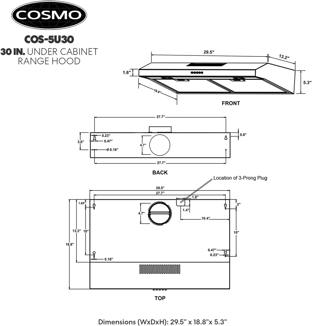 Cosmo 5U30 30 in. Slim Range Hood for Under-Cabinet Installation, Convertible Ducted or Ductless Venting with 3-Speed Fan, Reusable Filter and LED Lights, Stainless Steel