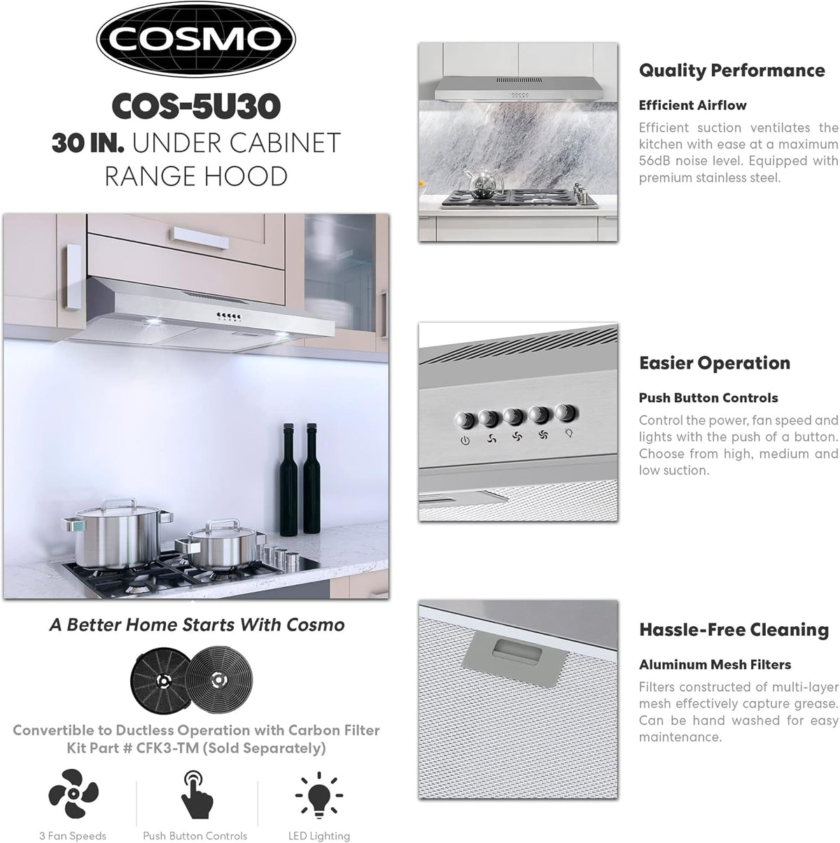 Cosmo 5U30 30 in. Slim Range Hood for Under-Cabinet Installation, Convertible Ducted or Ductless Venting with 3-Speed Fan, Reusable Filter and LED Lights, Stainless Steel