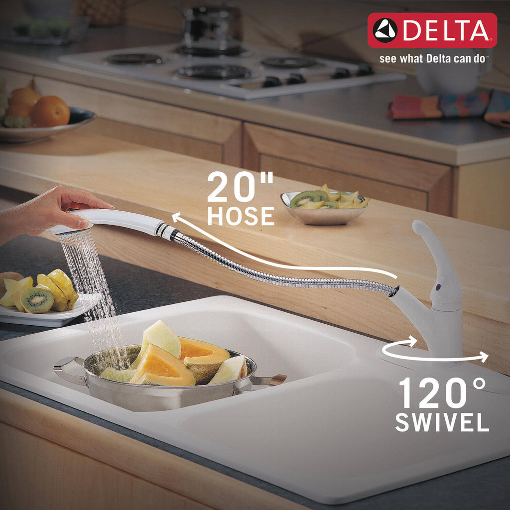Delta 470-WH-DST Signature Kitchen Faucet with Single-Handle Pull-Out Design in White