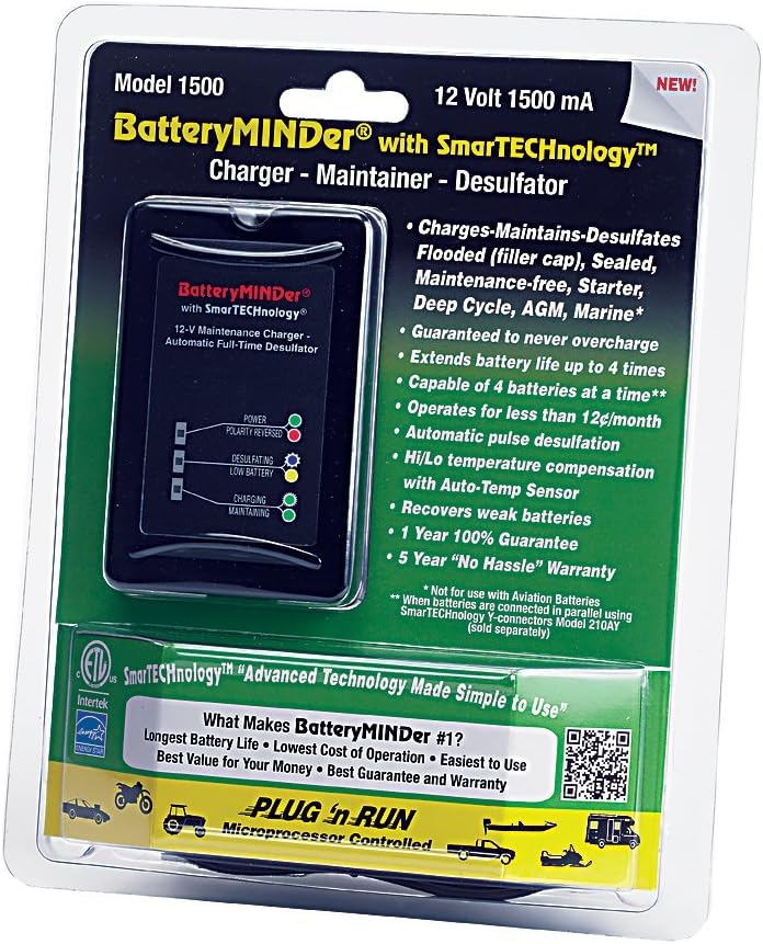 BatteryMINDer 1510 Battery Charger, Maintainer and Desulfator, 12 Volt 1.5 Amp, Designed for Cars, Trucks, Motorcycles, ATVs, Boats and RVs