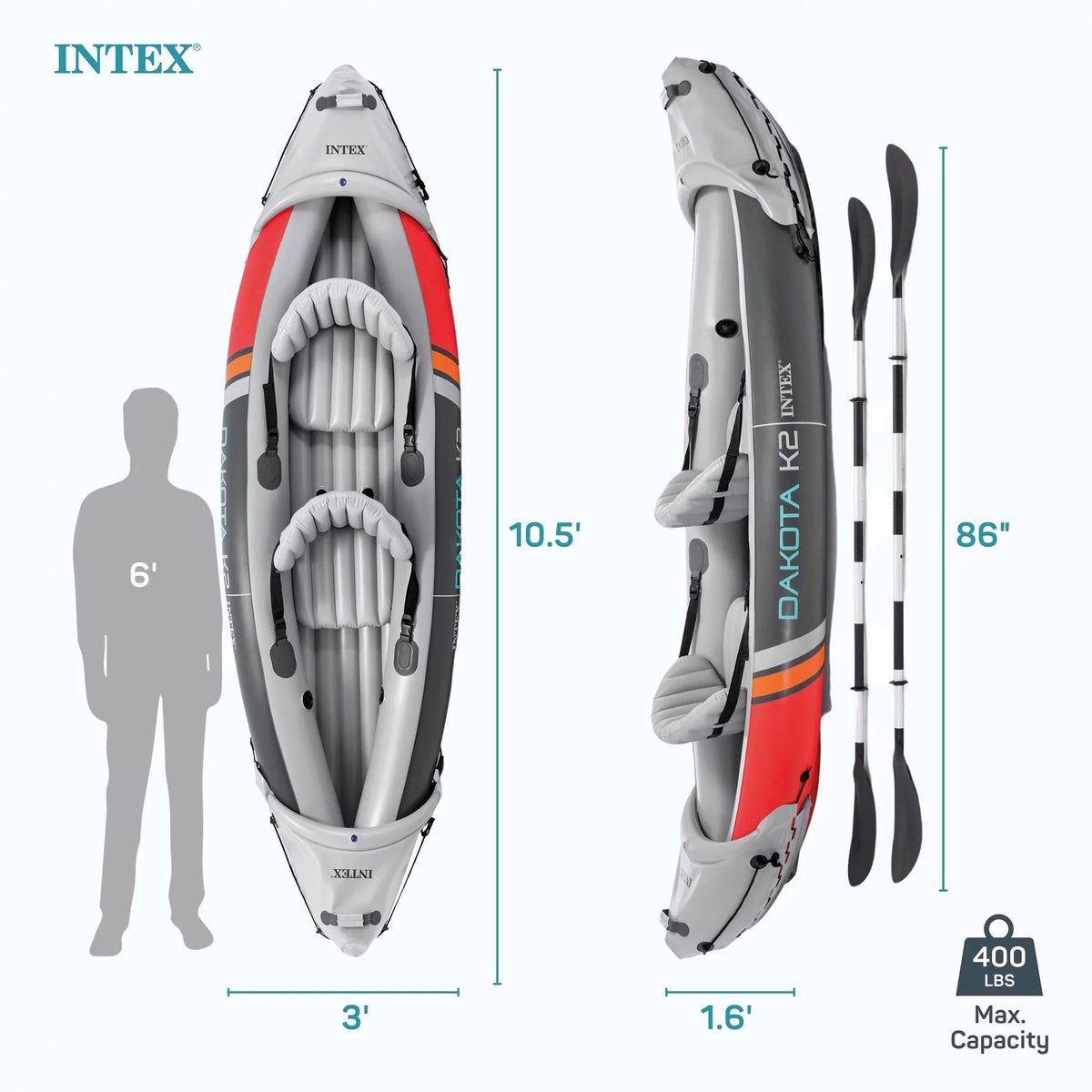Intex Dakota K2 Two-Person Inflatable Kayak, Open Box Vinyl Set with Oars and Pump