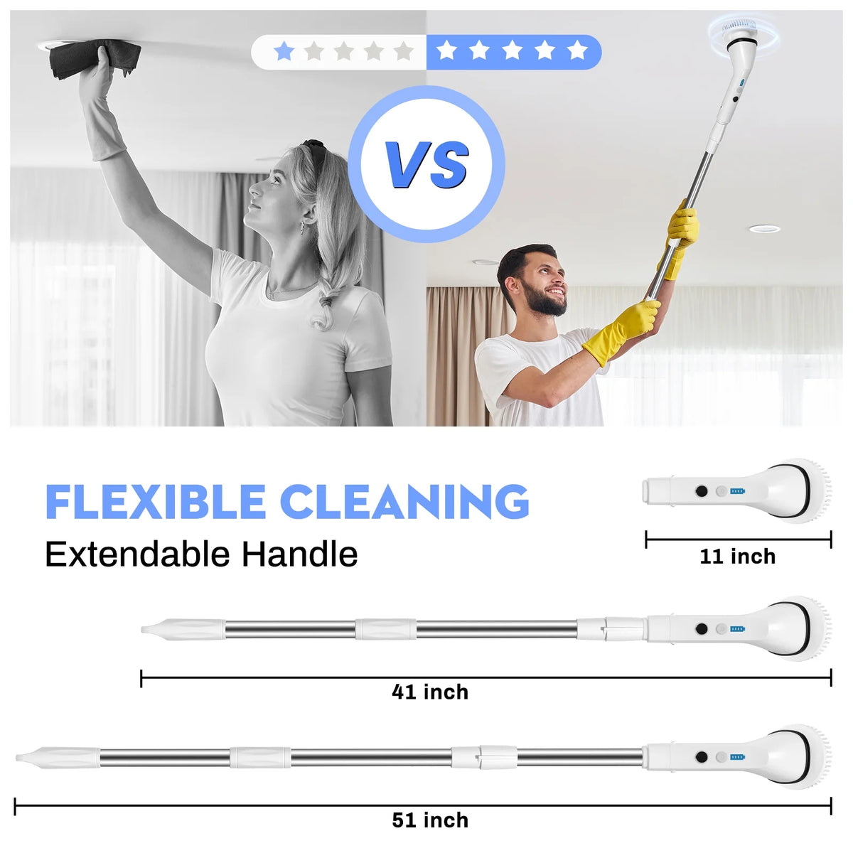 VAVSEA Electric Spin Scrubber Kit with Cleaning Brush, 1.5H Runtime, 300RPM Motor and 51-Inch Handle for Bathroom Floors, Tile and Bathtubs