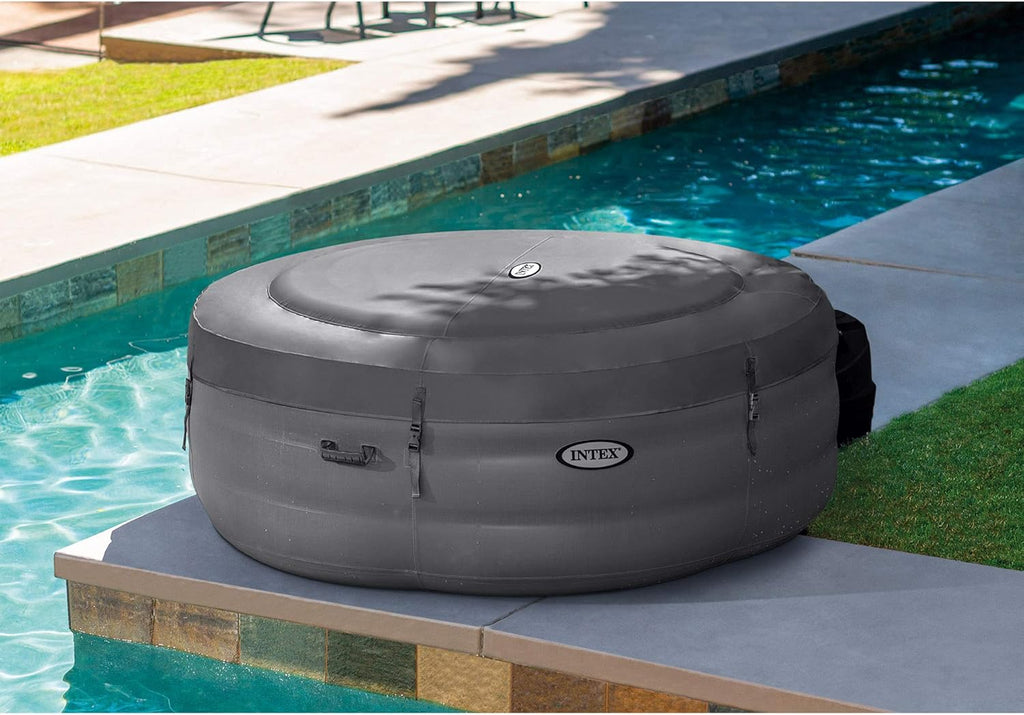 Intex Simple Spa 28481E Inflatable Round Hot Tub, 77in x 26in 4-Person Outdoor Spa with 100 Bubble Jets, Filter Pump, Cover, and Gray Finish