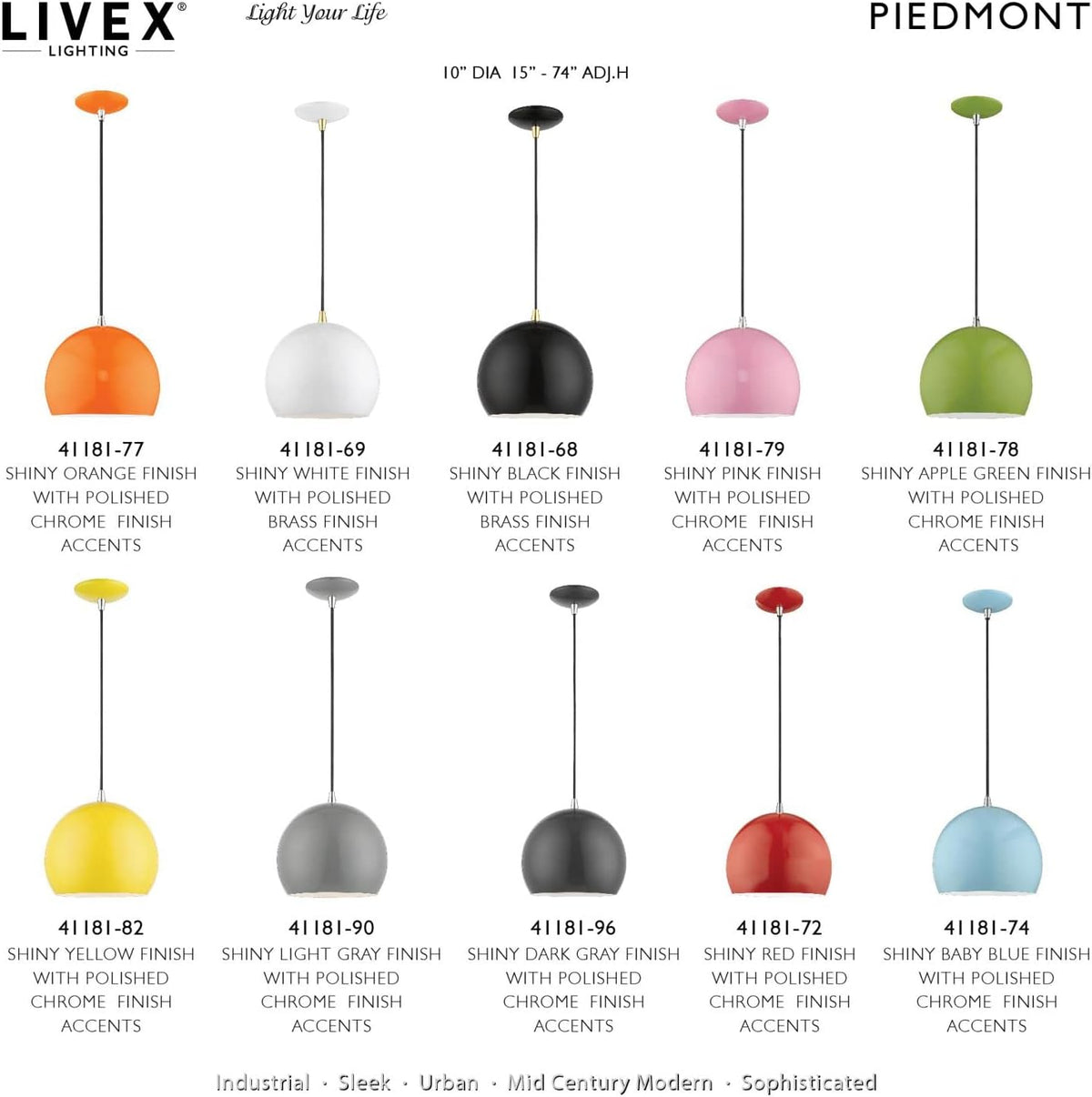 Livex Lighting Piedmont Globe Pendant, 1-Light Industrial Fixture, 15 Inches Tall and 10 Inches Wide, Shiny Light Gray with Polished Chrome
