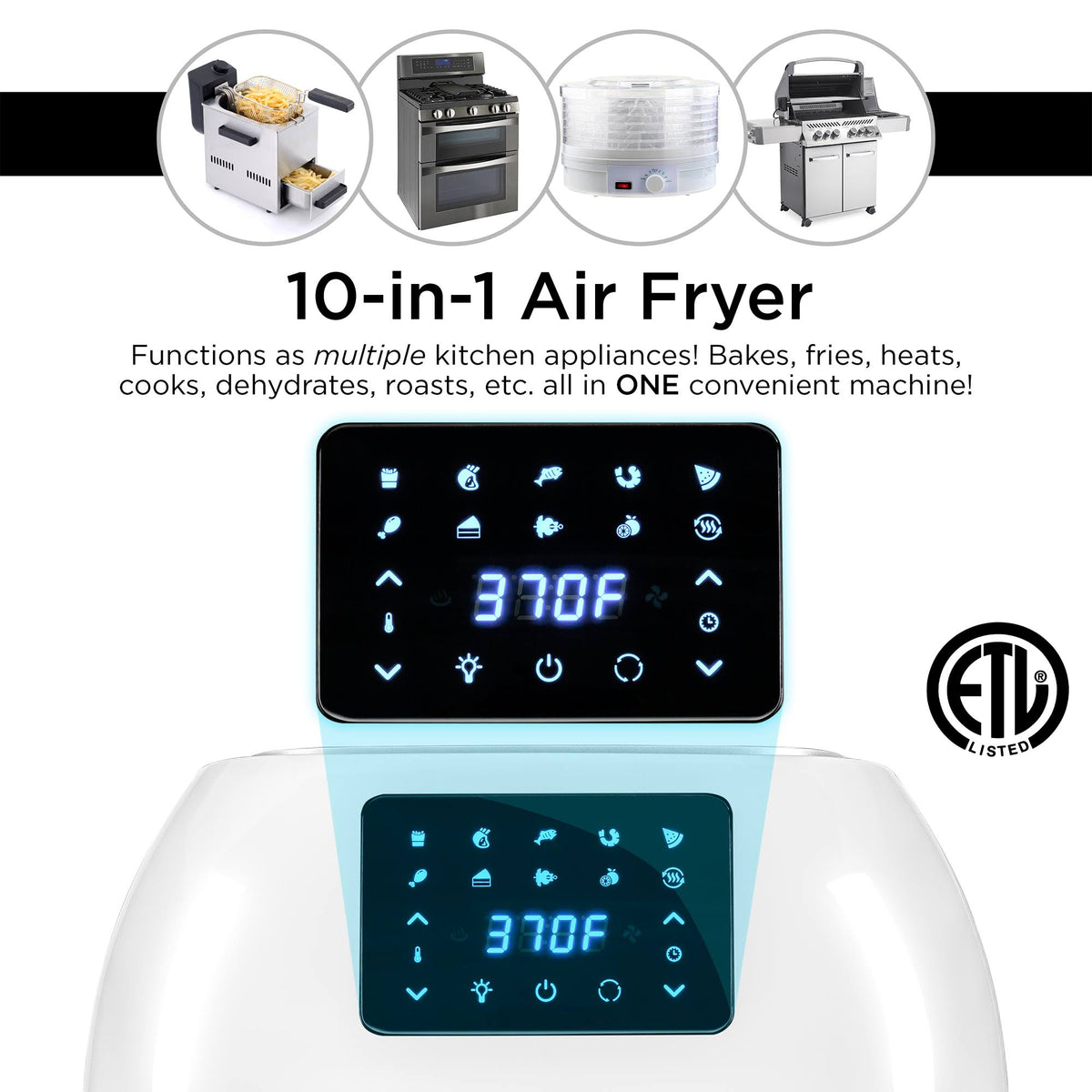 16.9qt Family-Size Air Fryer Countertop Oven with 10-in-1 Cooking Functions, 1800W Rotisserie and Dehydrator, White