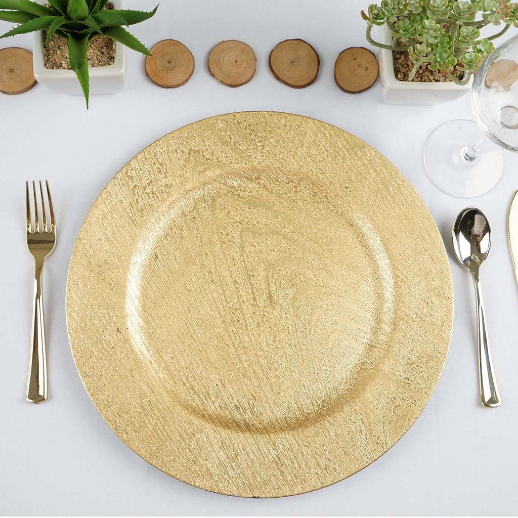 24-Piece Set of 13-Inch Gold Wooden Textured Round Charger Plates by Balsacircle, Designed for Dinner Parties, Weddings and Holidays