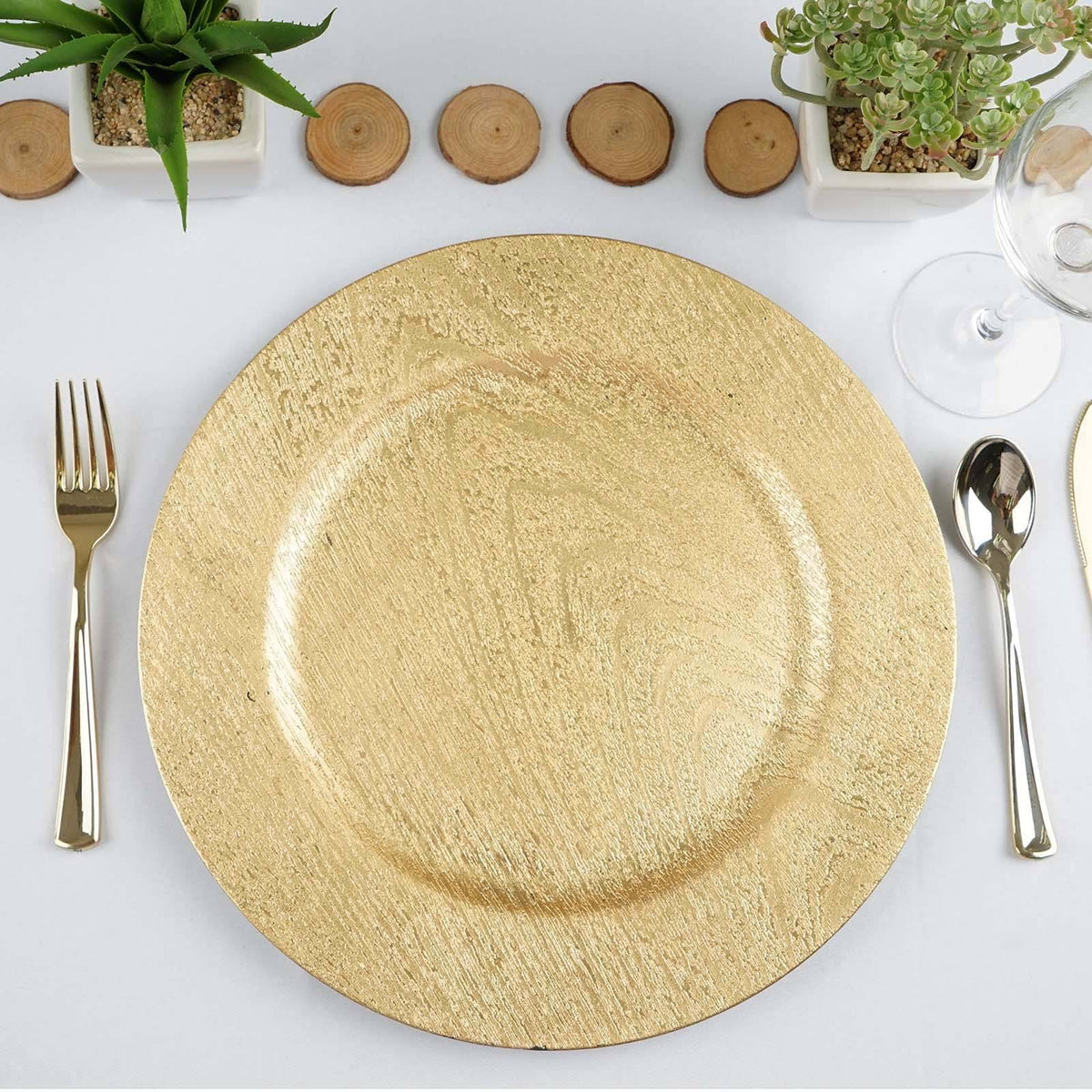 24-Piece Set of 13-Inch Gold Wooden Textured Round Charger Plates by Balsacircle, Designed for Dinner Parties, Weddings and Holidays