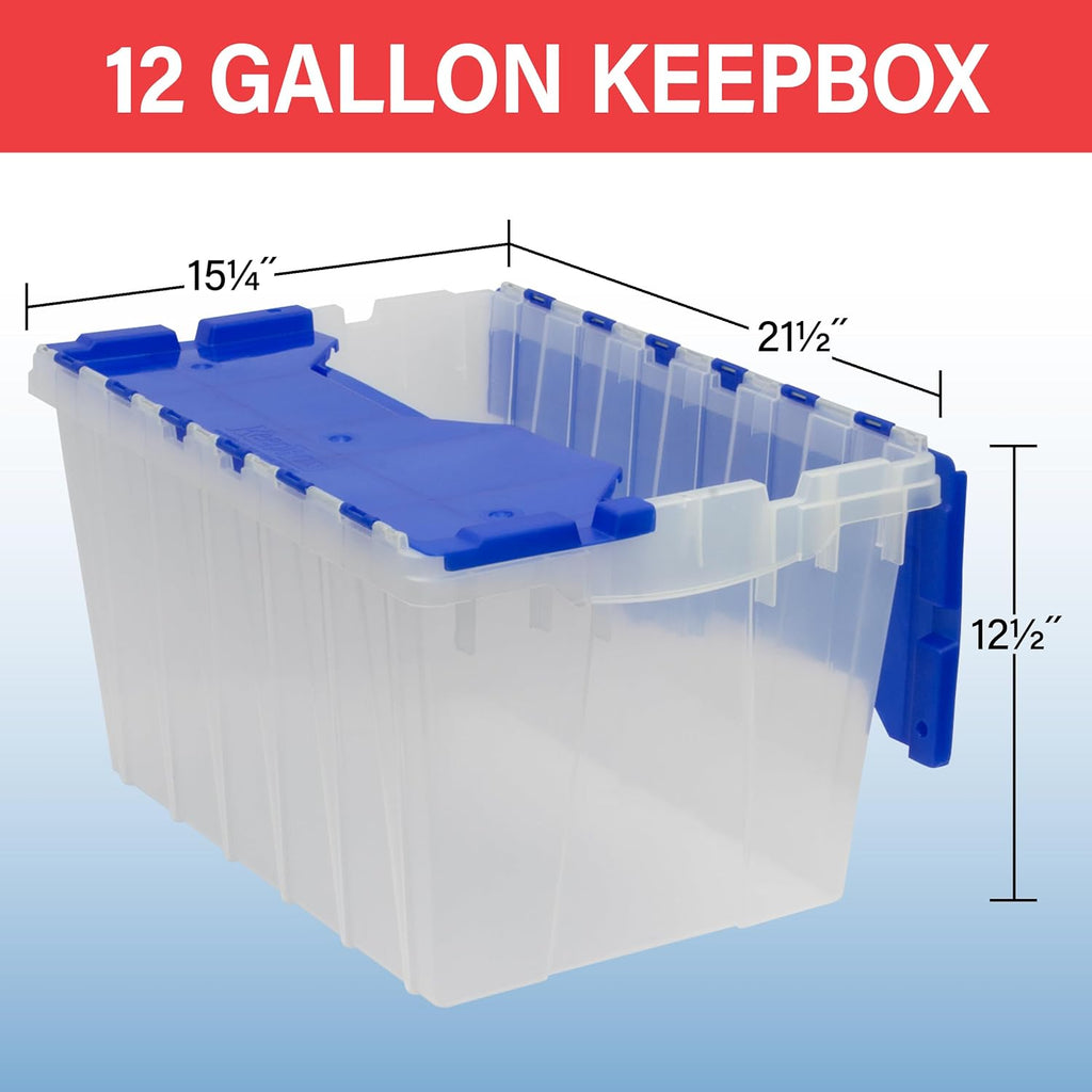 6-Pack Akro-Mils KeepBox 12-Gallon Clear Storage Totes with Attached Lids, Nesting and Stackable Design for Garages, Closets, and Moving, 21-1/2 x 15 x 12-1/2, Clear/Blue