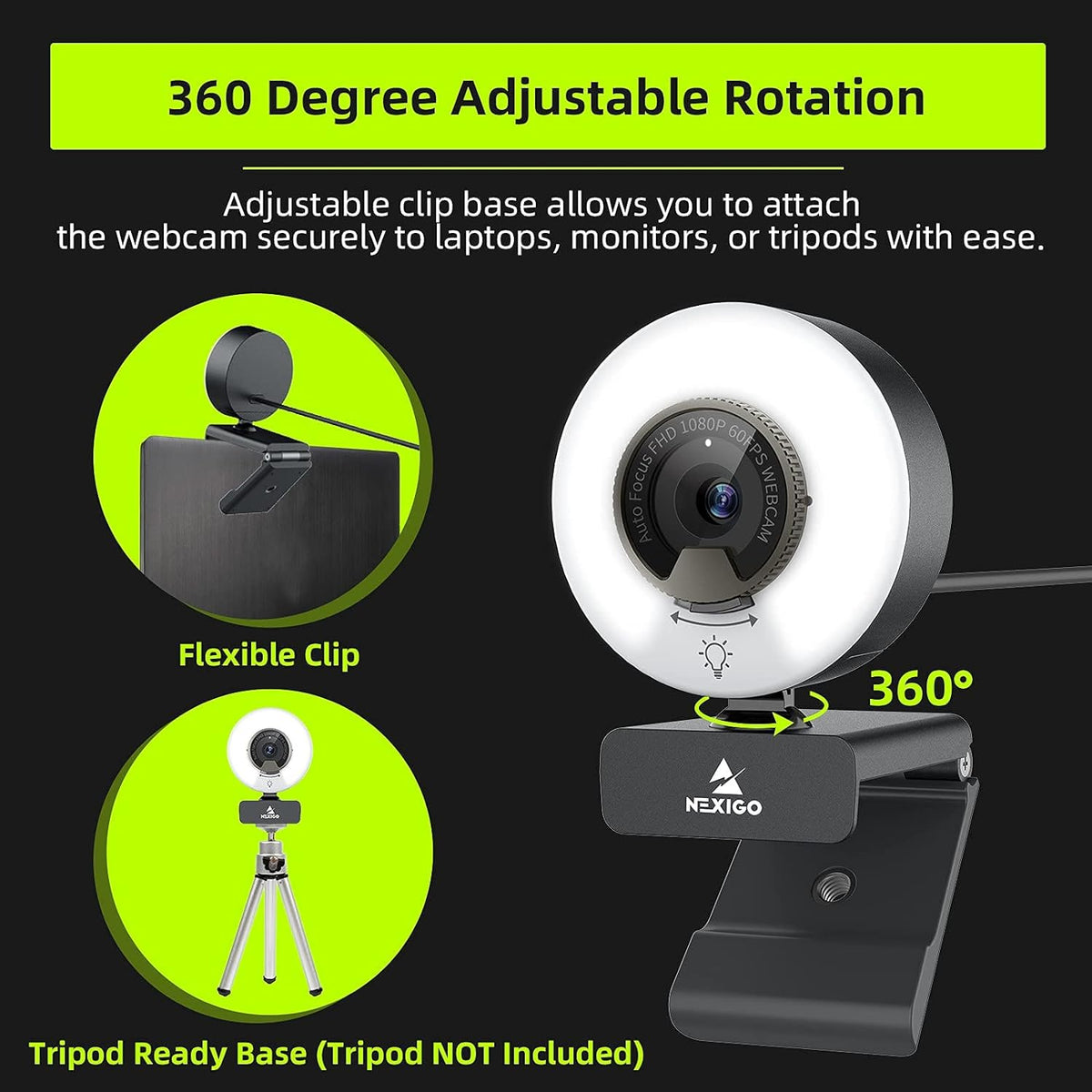 NexiGo N960E 1080P 60FPS USB Webcam with Lighting, Fast Autofocus, Privacy Cover and Dual Stereo Microphones for Zoom, Skype, Teams and Twitch
