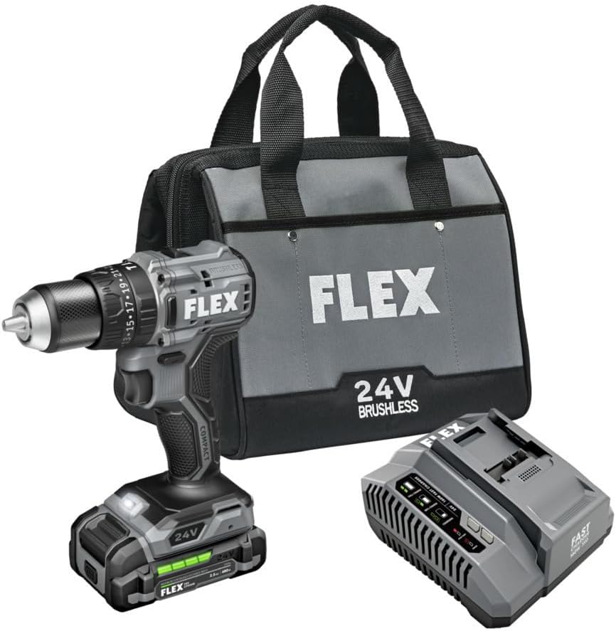 FLEX FX1271T-1H 24V Brushless Cordless Hammer Drill Kit with 1/2-Inch Chuck, 1,400 In-Lbs Torque, 2-Speed Drive and Turbo Mode, 6.0Ah Stacked Lithium Battery and 280W Rapid Charger