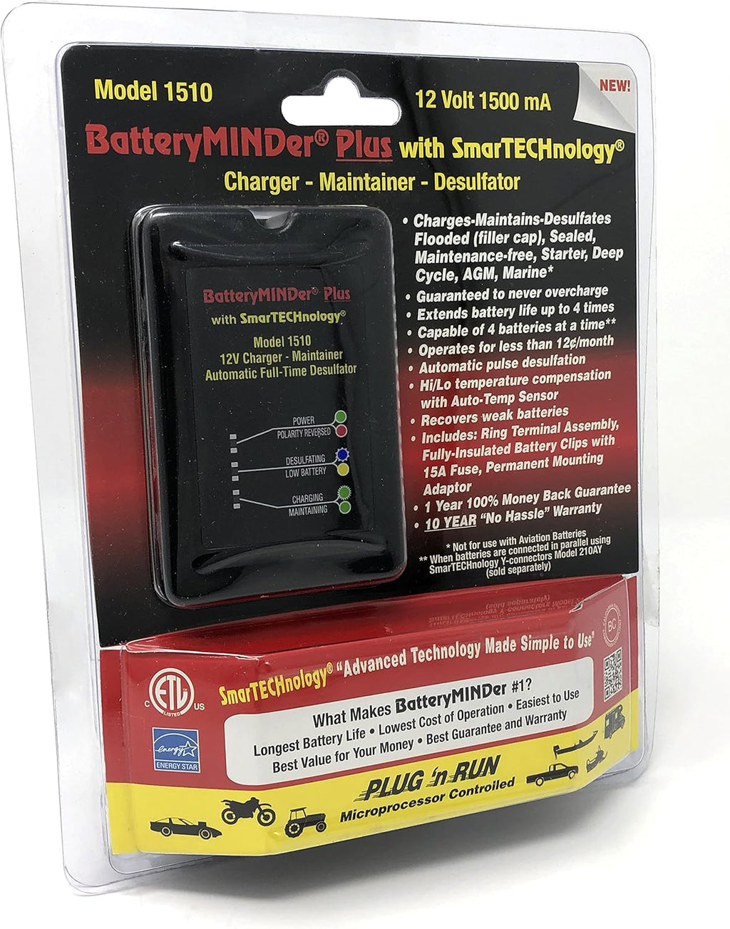 BatteryMINDer 1510 Battery Charger, Maintainer and Desulfator, 12 Volt 1.5 Amp, Designed for Cars, Trucks, Motorcycles, ATVs, Boats and RVs