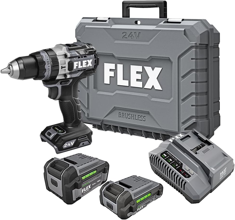 FLEX FX1271T-1H 24V Brushless Cordless Hammer Drill Kit with 1/2-Inch Chuck, 1,400 In-Lbs Torque, 2-Speed Drive and Turbo Mode, 6.0Ah Stacked Lithium Battery and 280W Rapid Charger