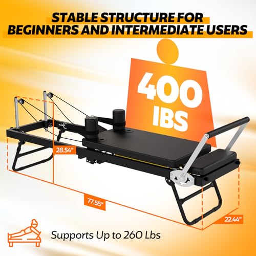 Portable Foldable Pilates Reformer for Home Gyms with Adjustable Resistance, Springs and Cords, Lightweight Compact Design and 400 LBS Maximum Load