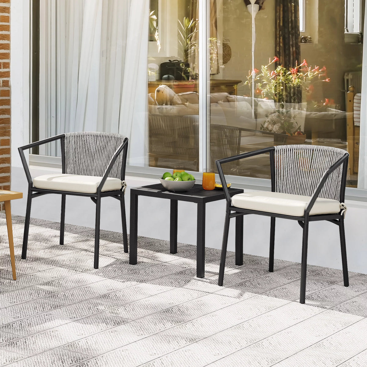 Dextrus 3-Piece Outdoor Bistro Set with Wicker Side Table, Two Stackable Chairs and Cushions, Patio Conversation Furniture, White
