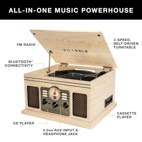Victrola The Quincy 6-in-1 Bluetooth Record Player & Multimedia Center with 3-Speed Turntable, CD & Cassette Player, AM/FM Radio, Built-In Speakers and Wireless Music Streaming, Natural