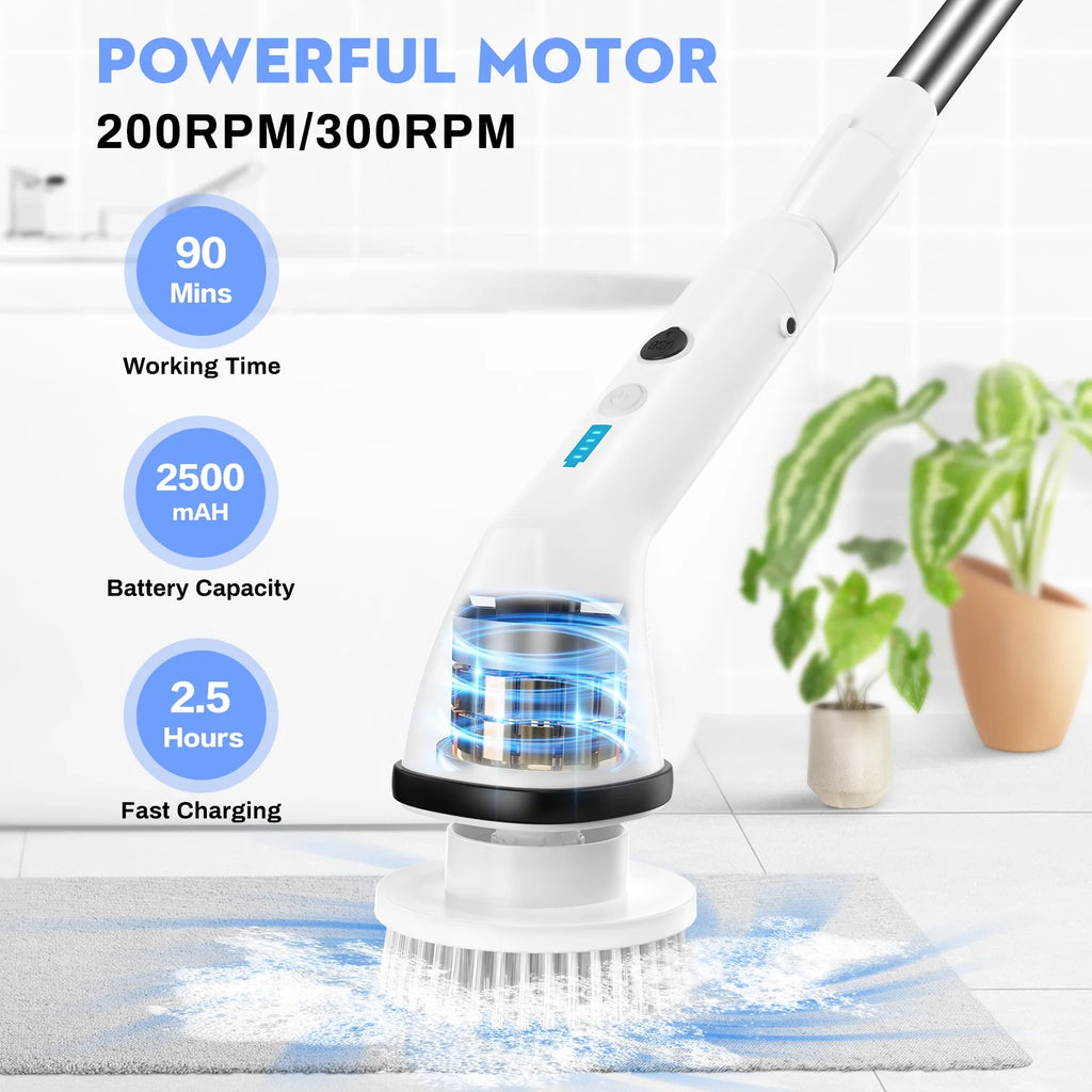 VAVSEA Electric Spin Scrubber Kit with Cleaning Brush, 1.5H Runtime, 300RPM Motor and 51-Inch Handle for Bathroom Floors, Tile and Bathtubs