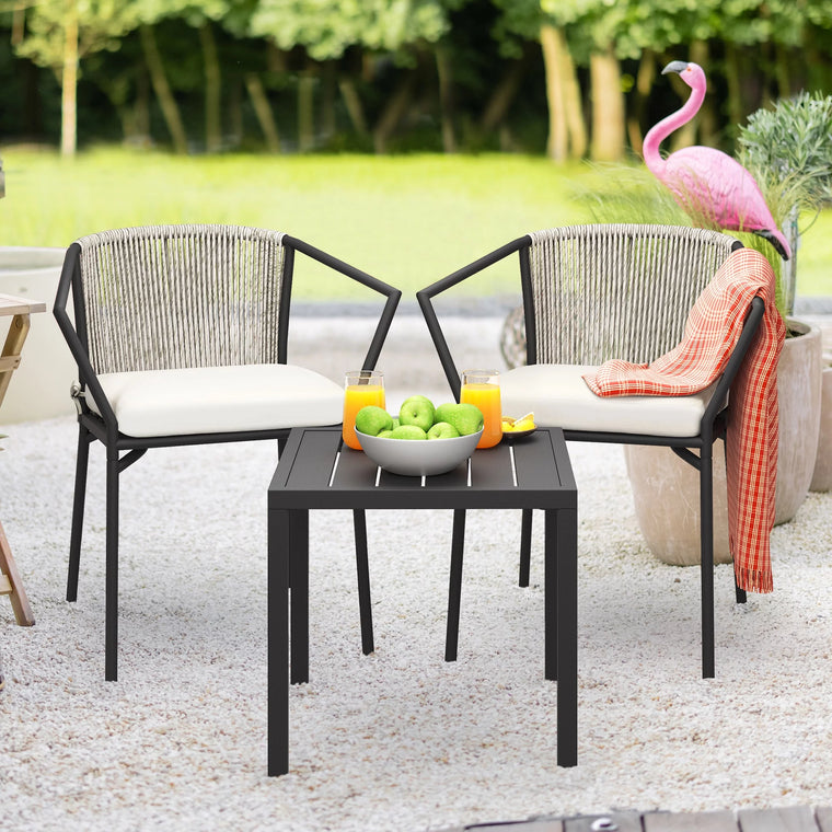 Dextrus 3-Piece Outdoor Bistro Set with Wicker Side Table, Two Stackable Chairs and Cushions, Patio Conversation Furniture, White