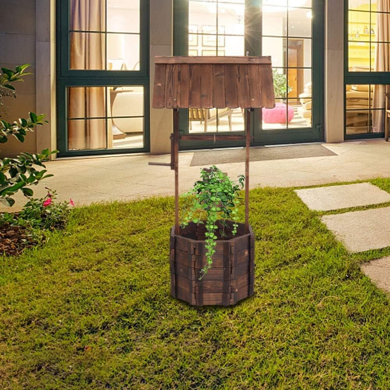 Handmade Wooden Wishing Well Flowerpot with Reinforced, Anticorrosive Construction, Multicolor Country-Style Outdoor Garden Decor