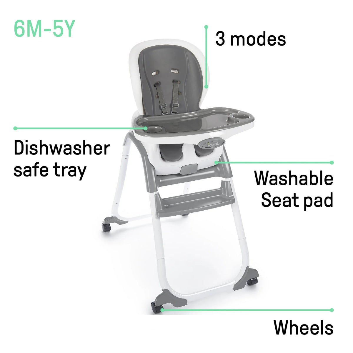 Ingenuity SmartClean Trio Elite Convertible Seating System, 3-in-1 High Chair, Toddler Chair and Booster Seat, Slate