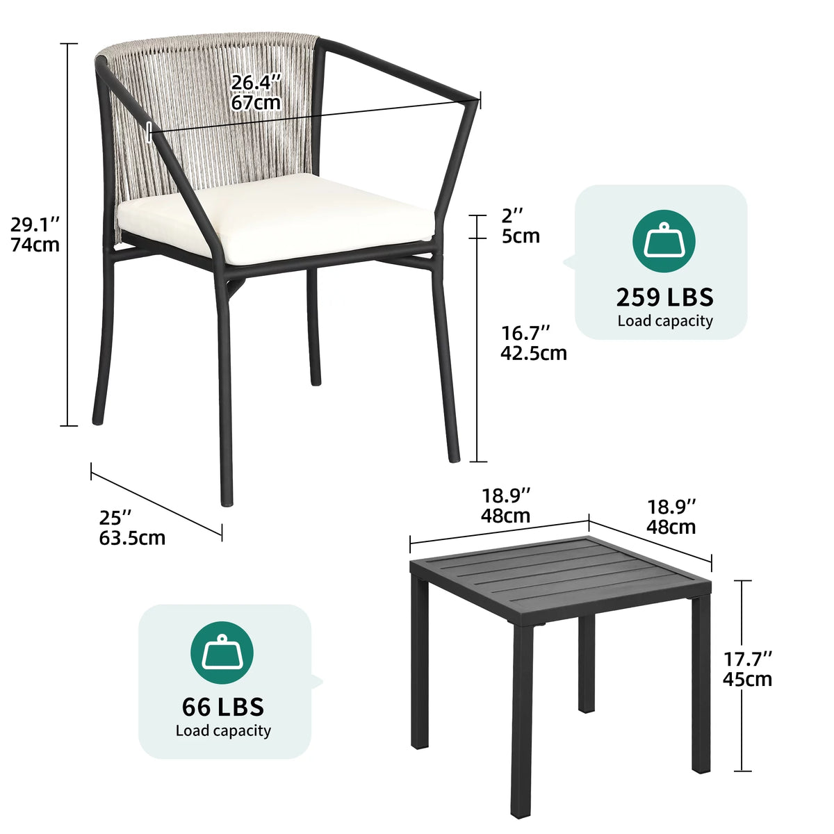 Dextrus 3-Piece Outdoor Bistro Set with Wicker Side Table, Two Stackable Chairs and Cushions, Patio Conversation Furniture, White