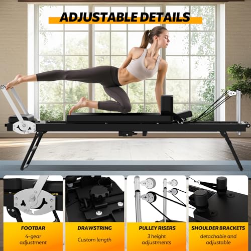Portable Foldable Pilates Reformer for Home Gyms with Adjustable Resistance, Springs and Cords, Lightweight Compact Design and 400 LBS Maximum Load