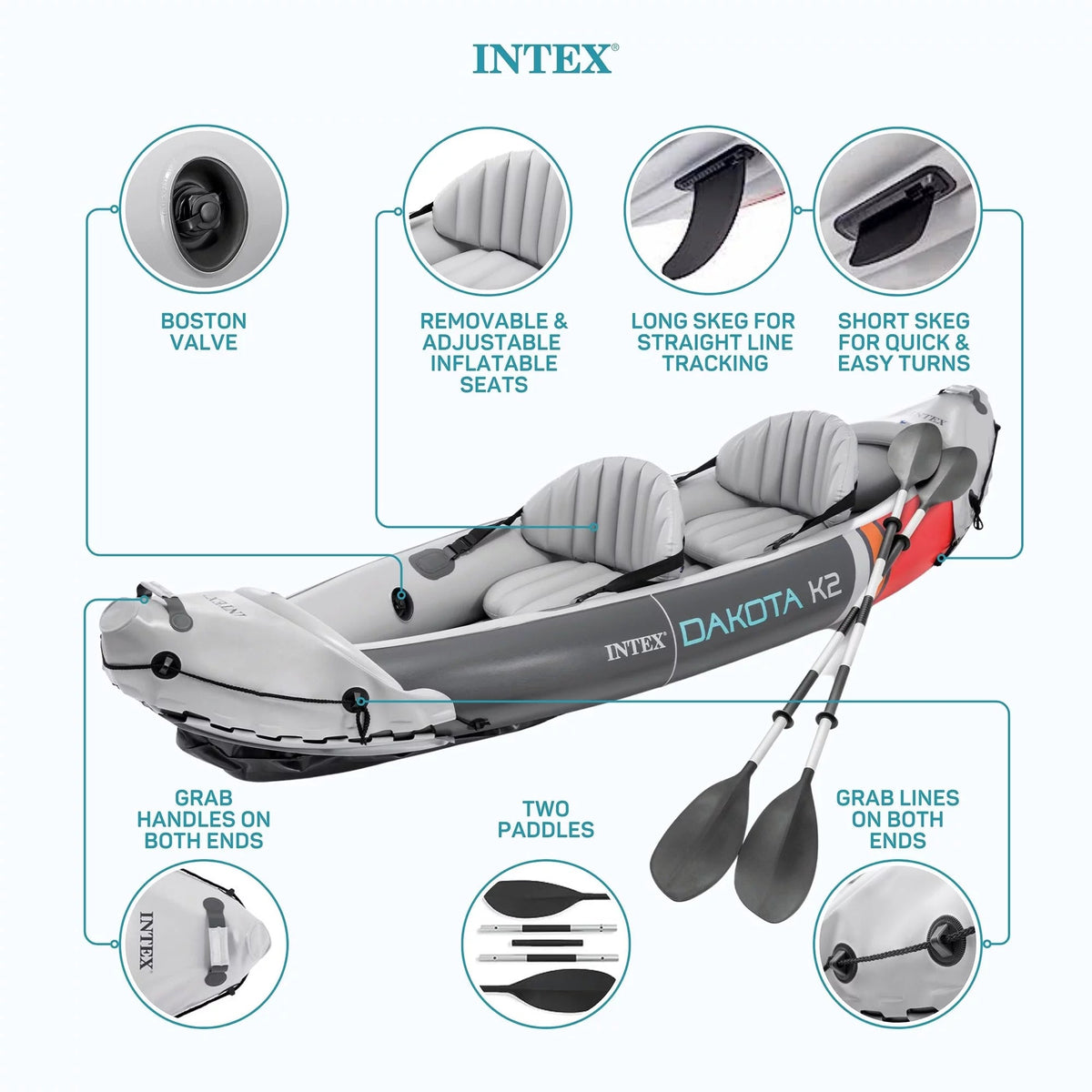 Intex Dakota K2 Two-Person Inflatable Kayak, Open Box Vinyl Set with Oars and Pump
