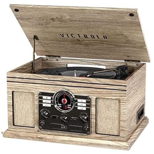 Victrola The Quincy 6-in-1 Bluetooth Record Player & Multimedia Center with 3-Speed Turntable, CD & Cassette Player, AM/FM Radio, Built-In Speakers and Wireless Music Streaming, Natural