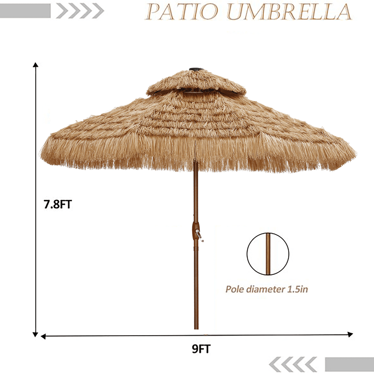 Autlaycil 9-Foot Thatched Tiki Umbrella with Double-Tier Solar LED Lights for Outdoor Pool, Patio and Beach Use
