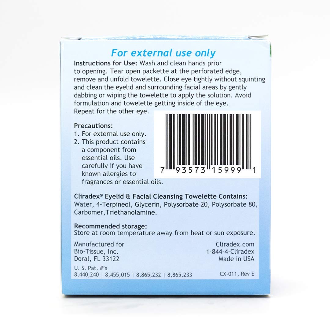 Cliradex Natural Cleansing Towelettes with Tea Tree Oil Extract for Face, Eyelashes and Eyelids, Wipes for Demodex, Blepharitis, MGD and Red, Irritated Eyelids