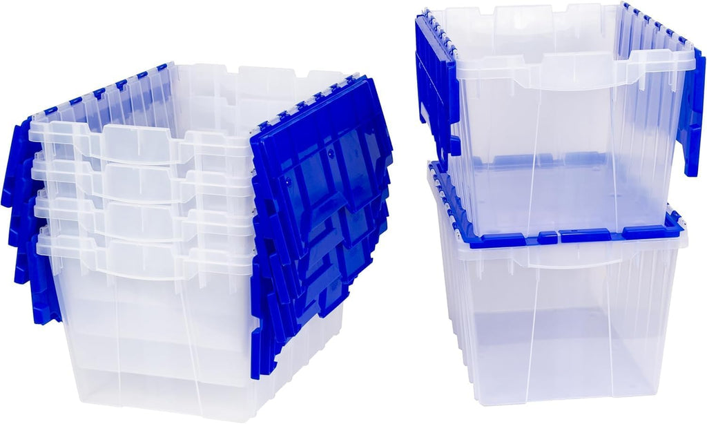6-Pack Akro-Mils KeepBox 12-Gallon Clear Storage Totes with Attached Lids, Nesting and Stackable Design for Garages, Closets, and Moving, 21-1/2 x 15 x 12-1/2, Clear/Blue
