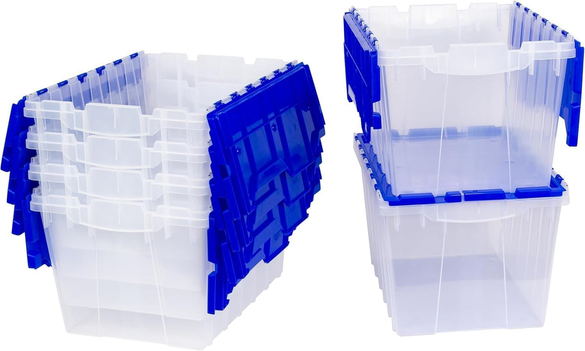 6-Pack Akro-Mils KeepBox 12-Gallon Clear Storage Totes with Attached Lids, Nesting and Stackable Design for Garages, Closets, and Moving, 21-1/2 x 15 x 12-1/2, Clear/Blue