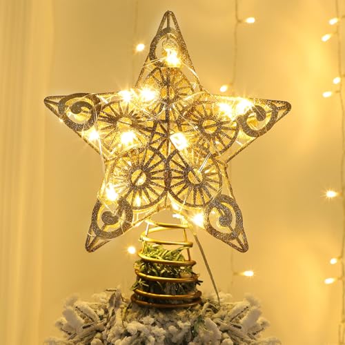Juegoal 6.5-Inch Golden Metal Star Christmas Tree Topper with 20 LED Lights, Battery-Powered Illuminated Ornament for Holiday Decor