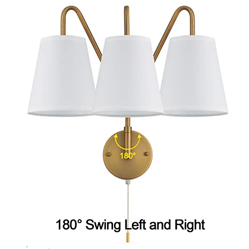 PASSICA DECOR Set of 2 Hardwired Wall Sconces with Pull Chains, Matte Black Swing-Arm Fixtures and White Fabric Shades for Bedroom, Farmhouse or Living Room