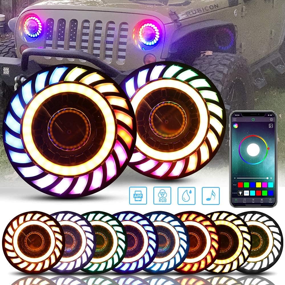 SUNPIE 7-Inch RGBW Halo Projector LED Headlights for Jeep Wrangler, with Rotating Color Effects, APP Control, Voice Mode & IP67 Waterproofing, Compatible with 2007-2018 JK/JKU and 1997-2006 TJ/TJU