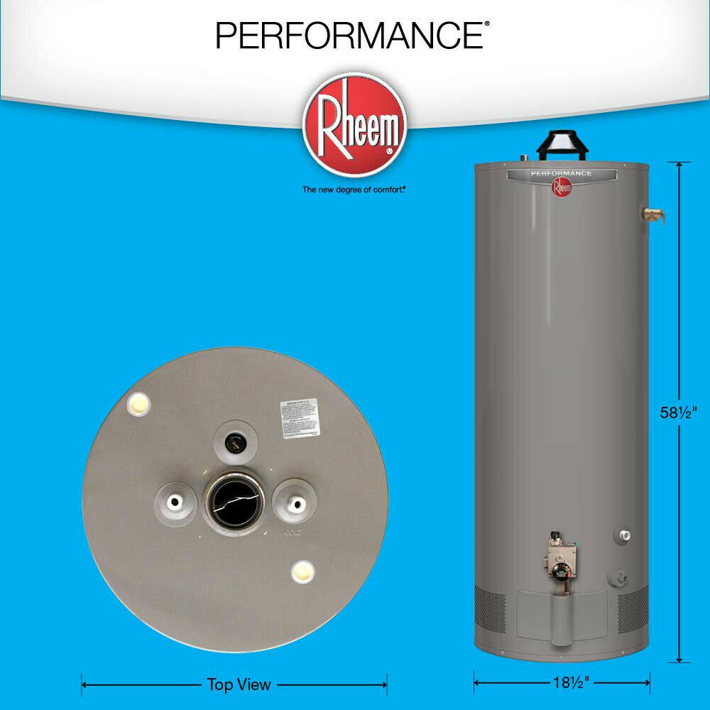 40-Gallon Tall Natural Gas Water Heater for Manufactured Housing, Rheem Performance Series with 34,000 BTU Input and 6-Year Warranty