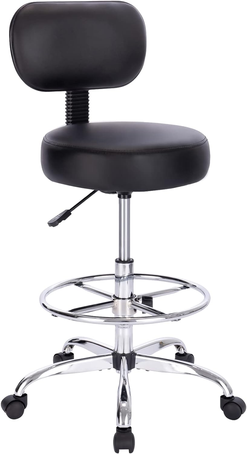 SUPERJARE Multi-Purpose Drafting Chair with Back, Rolling Stool, Adjustable Footrest and Thick Seat Cushion for Office, Home, Bar, Kitchen or Shop, Black